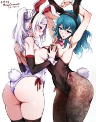 Rule 34 | 2girls, alternate costume, animal ears, armpits, ass, ass focus, black leotard, blue eyes, blue hair, blush, breasts, brown pantyhose, byleth (female) (fire emblem), byleth (fire emblem), cleavage, commentary, detached collar, edelgard von hresvelg, english commentary, fake animal ears, fake tail, fire emblem, fire emblem: three houses, grabbing, grabbing another&#039;s breast, groping, hair between eyes, huge ass, large breasts, leotard, long hair, looking at another, medium hair, mina cream, multiple girls, nintendo, paid reward available, pantyhose, patterned legwear, playboy bunny, purple eyes, rabbit ears, rabbit tail, sideboob, small breasts, strapless, strapless leotard, tail, thick thighs, thighhighs, thighs, white hair, yuri