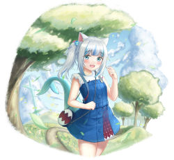 Rule 34 | 1girl, animal ears, arm up, bag, blue dress, blue sky, blush, breasts, cat ears, cloud, commentary, cowboy shot, day, dress, fins, fish tail, forest, gawr gura, gawr gura (casual), hair bobbles, hair ornament, handbag, highres, hill, holding, holding hair, hololive, hololive alternative, hololive english, multicolored hair, nature, one side up, open mouth, outdoors, pinafore dress, planted, planted sword, planted weapon, road, shark tail, sharp teeth, shirt, short dress, short hair, silver hair, sky, sleeveless, sleeveless dress, sleeveless shirt, small breasts, smile, solo, standing, streaked hair, sword, symbol-only commentary, tail, teeth, twitter username, upper teeth only, vellistix, virtual youtuber, weapon, white shirt
