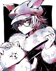 Rule 34 | 1boy, animal ears, animal hat, cabbie hat, closed mouth, commentary request, dog, fake animal ears, fur-trimmed sleeves, fur collar, fur trim, glasses, hat, highres, holding, holding leash, leash, leash pull, limited palette, long sleeves, looking at viewer, maguro no yukke, male focus, master detective archives: rain code, pain, round eyewear, short hair, solo, upper body, zilch alexander