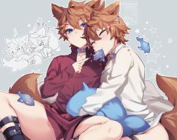 Rule 34 | &gt; &lt;, 2boys, ahoge, anger vein, animal ears, azuma (azuma10270724), blue collar, blue eyes, blush, brown hair, closed eyes, closed mouth, collar, commentary request, dot mouth, dual persona, fox boy, fox ears, fox tail, genshin impact, hair between eyes, heart, long sleeves, male focus, mouth hold, multiple boys, multiple views, red shirt, selfcest, shirt, simple background, sitting, star (symbol), stuffed toy, tail, tartaglia (genshin impact), tears, translation request, twitter username, water, watermark, white shirt, yaoi