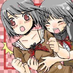 Rule 34 | 2girls, amakura mayu, amakura mio, black hair, blush, breasts, bug, butterfly, fatal frame, fatal frame 2, fingernails, grabbing, grabbing another&#039;s breast, incest, insect, lowres, multiple girls, oekaki, red eyes, siblings, sisters, tears, twins