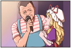 Rule 34 | 1boy, 1girl, back bow, blonde hair, bow, chabelo, closed eyes, commentary, from side, green eyes, hand up, hands up, happy, hat, hat ribbon, holding, holding microphone, long hair, looking at another, mefomefo, microphone, mob cap, open mouth, profile, real life, red ribbon, ribbon, short hair, smile, spanish commentary, teeth, touhou, upper body, upper teeth only, very short hair, xavier lopez rodriguez, yakumo yukari