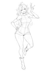 Rule 34 | 1girl, android 21, boots, dragon ball, dragon ball fighterz, unworn eyewear, glasses, hand on own hip, holding, holding removed eyewear, juaag acgy, long hair, looking at viewer, pantyhose, sketch, smirk