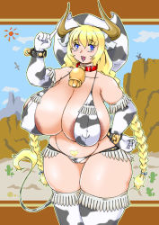 Rule 34 | 1girl, animal ears, animal print, bell, bikini, blonde hair, blue eyes, braid, breasts, collar, cow ears, cow girl, cow print, cow print bikini, cow tail, cowboy hat, cowgirl (western), cuffs, elbow gloves, fat, female pubic hair, freckles, gigantic breasts, gloves, hat, horns, huge breasts, large areolae, long hair, neck bell, open mouth, original, plump, print bikini, pubic hair, smile, solo, swimsuit, tail, tatara, thighhighs, twin braids, wide hips