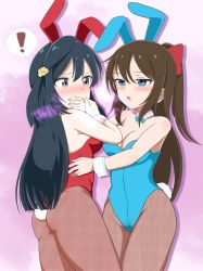 Rule 34 | !, 2girls, :o, absurdres, aqua bow, aqua eyes, aqua leotard, artist name, artist request, bare shoulders, blue eyes, blue hair, blush, bow, bowtie, breasts, brown hair, brown pantyhose, cleavage, collarbone, covering own mouth, covering privates, dark blue hair, female focus, flower, grey eyes, hair between eyes, hair bow, hair flower, hair ornament, half-closed eyes, half updo, high ponytail, highres, leotard, long hair, looking at viewer, love live!, love live! nijigasaki high school idol club, medium breasts, multiple girls, nail, nail polish, nose blush, osaka shizuku, pantyhose, parted lips, pink nails, playboy bunny, ponytail, rabbit ears, rabbit tail, red bow, red leotard, side ponytail, smile, white wrist cuffs, wing collar, wrist cuffs, yellow flower, yuki setsuna (love live!)