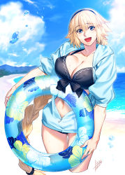 Rule 34 | 1girl, azusa (hws), beach, bikini, black bikini, black hairband, black scrunchie, blonde hair, blue eyes, blue innertube, blue jacket, braid, breasts, cleavage, commentary request, contemporary, day, fate/grand order, fate (series), front-tie bikini top, front-tie top, hair between eyes, hair ornament, hair scrunchie, hairband, hand up, hood, hood down, hooded jacket, hoodie, innertube, jacket, jeanne d&#039;arc (fate), jeanne d&#039;arc (ruler) (fate), jeanne d&#039;arc (swimsuit archer) (fate), jeanne d&#039;arc (swimsuit archer) (first ascension) (fate), long braid, long hair, long sleeves, looking at viewer, medium breasts, mountain, navel, ocean, open mouth, scrunchie, sidelocks, signature, single braid, sleeves pushed up, smile, solo, swim ring, swimsuit, thighs, transparent, very long hair, water drop