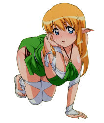 Rule 34 | 1girl, all fours, artist request, blonde hair, blue eyes, blush, breasts, cleavage, collarbone, dress, full body, green dress, hand in own hair, large breasts, long hair, looking at viewer, parted lips, pointy ears, shoes, simple background, solo, tiffania westwood, white background, zero no tsukaima