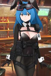 Rule 34 | 1girl, absurdres, ammunition pouch, animal ears, bar (place), beer bottle, black gloves, black leotard, black necktie, black pantyhose, blue hair, breasts, buckle, closed mouth, covered navel, fake animal ears, gloves, goggles, goggles on head, helmet, highres, indoors, large breasts, leotard, long hair, looking at viewer, military, msa major, necktie, nicole (msa major), original, pantyhose, playboy bunny, pouch, rabbit ears, revision, snap-fit buckle, solo, table, tactical playboy bunny, unworn headwear, unworn helmet, wrist cuffs, yellow eyes