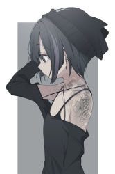 Rule 34 | 1girl, arm behind head, bad id, bad pixiv id, bare shoulders, beanie, black hat, black shirt, blouse, commentary request, cross, cross earrings, earrings, flower tattoo, from side, goth fashion, grey background, grey eyes, grey hair, hair between eyes, hand up, hat, jewelry, looking away, off-shoulder shirt, off shoulder, original, profile, shirt, short hair, shoulder tattoo, solo, tattoo, two-tone background, unimon e, white background