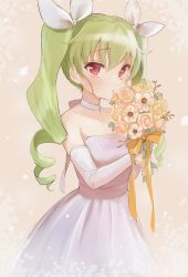 Rule 34 | 1girl, anchovy (girls und panzer), blush, bouquet, bow, choker, cowboy shot, dress, drill hair, elbow gloves, flower, girls und panzer, gloves, green hair, hair bow, highres, looking at viewer, red eyes, ribbon, solo, twin drills, wedding dress, yaminabe (szhal14)