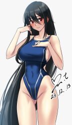 Rule 34 | 1girl, black hair, blue one-piece swimsuit, blush, breasts, closed mouth, commentary request, commission, competition swimsuit, dated, groin, hair between eyes, hair straightener, hand on own chest, hand up, highleg, highleg swimsuit, highres, jewelry, large breasts, long hair, looking at viewer, one-piece swimsuit, original, pixiv commission, red eyes, ring, sideboob, signature, simple background, solo, swimsuit, very long hair, white background, yoo tenchi