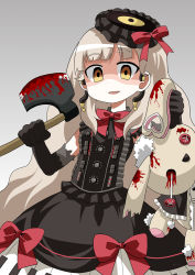 Rule 34 | 1girl, axe, blood, doll, elbow gloves, gloves, grey background, mayu (vocaloid), rottenmaiya (sumer-vacation), rottenmaiya (summer-vacation), solo, stuffed animal, stuffed rabbit, stuffed toy, usano mimi, vocaloid, weapon, yandere