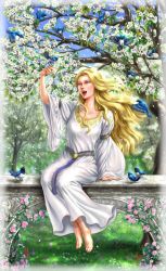 Rule 34 | 1girl, arm at side, arm up, barefoot, bench, bird, bird on hand, blonde hair, blue eyes, collarbone, dress, elf, feet, floating hair, flower, foot dangle, gold trim, grass, happy, idril celebrindal, jpeg artifacts, kamehame, tolkien&#039;s legendarium, long hair, long sleeves, middle earth, nature, non-web source, open mouth, outdoors, petals, pink flower, pink rose, pointy ears, rose, the lord of the rings, the silmarillion, tree, white dress, wide sleeves