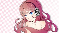 Rule 34 | 1girl, blue eyes, breasts, checkered background, cleavage, hair censor, headphones, highres, l.eleven, large breasts, long hair, nude, original, pink hair, sennheiser, smile, solo, upper body