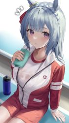 Rule 34 | 1girl, absurdres, animal ears, blue hair, blunt bangs, blush, bottle, braid, breasts, commentary request, feet out of frame, gym uniform, hair ornament, hand up, hibimaru, highres, horse girl, jacket, large breasts, lipstick, long hair, long sleeves, looking at viewer, looking up, makeup, mejiro ardan (umamusume), multicolored clothes, multicolored jacket, notice lines, parted lips, partially unzipped, pink eyes, red shorts, revision, shorts, sidelocks, sitting, solo, towel, two-tone jacket, umamusume, water bottle