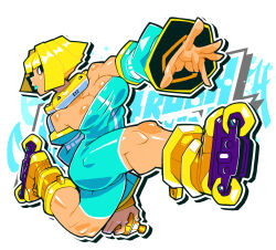 Rule 34 | 1girl, arm behind back, bel (bomb rush cyberfunk), black eyes, blonde hair, blue jumpsuit, blue lips, bob cut, bomb rush cyberfunk, breasts, can, cleavage, closed mouth, copyright name, detached collar, detached sleeves, drop shadow, facing away, hair intakes, highres, holding, holding can, jumping, jumpsuit, looking at viewer, medium breasts, muscular, orange footwear, outstretched arm, roller skates, shioinu kemushi, short hair, short jumpsuit, simple background, skates, solo, spray can, white background, wide sleeves