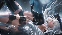 Rule 34 | 1girl, android, armpits, bare shoulders, gloves, highres, long hair, lying, nier (series), nier:automata, on back, sakimichan, thighhighs, torn clothes, white hair, a2 (nier:automata)