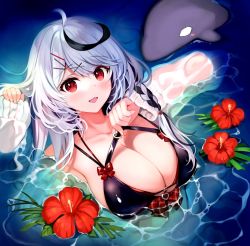 Rule 34 | 1girl, :d, ahoge, bikini, black bikini, black hair, blush, breasts, cleavage, flower, grey hair, hair ornament, hairclip, hibiscus, hololive, large breasts, long hair, long sleeves, looking at viewer, multicolored hair, open mouth, partially submerged, red eyes, red flower, rei (rei&#039;s room), sakamata chloe, see-through, sleeves past wrists, smile, solo, strap pull, streaked hair, swimsuit, virtual youtuber, water, x hair ornament
