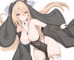 Rule 34 | 1girl, azur lane, between breasts, blonde hair, breast cutout, breasts, cleavage, commentary, cowboy shot, fake horns, habit, hair between eyes, horns, implacable (azur lane), large breasts, leaning forward, long sleeves, looking at viewer, nun, orange eyes, pelvic curtain, revealing clothes, sa (nax49), simple background, solo, thighhighs, white background, white horns, white thighhighs, wide sleeves