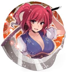 Rule 34 | 1girl, :d, asa (coco), breasts, cleavage, eyebrows, hair between eyes, hair bobbles, hair ornament, large breasts, onozuka komachi, open mouth, outside border, over shoulder, puffy short sleeves, puffy sleeves, red eyes, red hair, round image, scythe, short sleeves, simple background, smile, solo, touhou, twintails, two side up, upper body, weapon, weapon over shoulder, white background