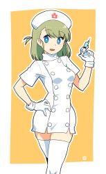 Rule 34 | 1girl, :d, blue eyes, breasts, commentary request, dress, gloves, green hair, hair between eyes, hand on own hip, hand up, hat, highres, holding, holding syringe, looking at viewer, muu (mumumer), nurse, nurse cap, one side up, open mouth, orange background, original, outline, short sleeves, small breasts, smile, solo, syringe, thighhighs, two-tone background, white background, white dress, white gloves, white hat, white outline, white thighhighs, yunomiya agari