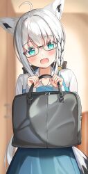 Rule 34 | 1girl, :d, absurdres, ahoge, animal ear fluff, animal ears, apron, aqua eyes, bag, blue apron, blush, braid, commentary request, doorway, fox ears, fox girl, grey hair, highres, holding, holding bag, hololive, long hair, long sleeves, looking at viewer, official alternate costume, open mouth, pov doorway, rappi, shirakami fubuki, shirakami fubuki (street), shiranui flare, shiranui flare (street), shirt, side braid, smile, solo, virtual youtuber, white shirt