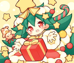 1girl :d aikei_ake blush bow box brown_background candy candy_cane chibi christmas_ornaments christmas_tree coat commentary_request food fur-trimmed_coat fur-trimmed_sleeves fur_trim gift gift_box green_hair hair_between_eyes long_hair long_sleeves open_mouth original outstretched_arms personification red_coat red_eyes smile solo star_(symbol) stuffed_animal stuffed_reindeer stuffed_toy very_long_hair wide_sleeves yellow_bow