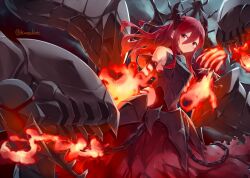 Rule 34 | 1girl, armor, armored dress, bare shoulders, black armor, breastplate, chain, dress, duel monster, fire, flaming arm, flaming hand, horns, kanzakietc, long hair, multiple heads, promethean princess bestower of flames, red dress, red eyes, red hair, solo, torn clothes, twitter username, yu-gi-oh!