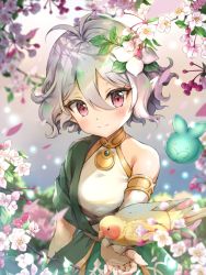 Rule 34 | 1girl, bare shoulders, bird, bird on hand, blurry, blurry background, blush, bridal gauntlets, closed mouth, commentary request, depth of field, dress, fingernails, flower, hair between eyes, hair flower, hair ornament, highres, kokkoro (princess connect!), looking at viewer, melings (aot2846), outstretched arm, petals, pink flower, pink rose, pointy ears, princess connect!, red eyes, rose, see-through, see-through sleeves, silver hair, sleeveless, sleeveless dress, solo, upper body, white dress, white flower