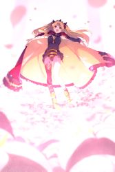 Rule 34 | 1girl, asymmetrical legwear, asymmetrical sleeves, between breasts, black leotard, black thighhighs, blonde hair, blush, bow, breasts, cape, detached collar, echo (circa), ereshkigal (fate), fate/grand order, fate (series), field, flower, flower field, fur-trimmed cape, fur trim, gold trim, hair bow, hood, hooded cape, jewelry, legs, leotard, long hair, long sleeves, looking at viewer, medium breasts, multicolored cape, multicolored clothes, necklace, open mouth, outstretched arms, parted bangs, petals, red bow, red cape, red eyes, single sleeve, single thighhigh, skull, smile, solo, spine, spread arms, thighhighs, tiara, two side up, uneven legwear, uneven sleeves, yellow cape