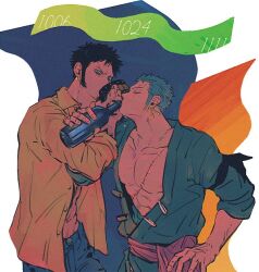 Rule 34 | 2boys, abs, arm tattoo, armband, beer mug, black armband, black hair, bottle, closed eyes, coat, collarbone, cowboy shot, cup, dark-skinned male, dark skin, denim, drinking, earrings, facial hair, fingernails, furrowed brow, goatee, green coat, green hair, hand on own hip, hand tattoo, haramaki, holding, holding bottle, holding cup, jeans, jewelry, kalk0011, locked arms, male focus, mug, multicolored background, multiple boys, one piece, open clothes, open coat, open shirt, orange shirt, pants, pectoral cleavage, pectorals, red sash, roronoa zoro, sash, scar, scar across eye, scar on chest, scar on face, shirt, short hair, single earring, standing, tattoo, toned, toned male, trafalgar law