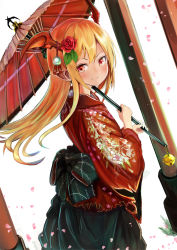Rule 34 | &gt;:), 10s, 1girl, alternate costume, bad id, bad pixiv id, blonde hair, fang, fang out, flower, granblue fantasy, hair flower, hair ornament, head wings, highres, japanese clothes, kimono, long hair, marisayaka, oil-paper umbrella, pointy ears, red eyes, shingeki no bahamut, solo, umbrella, v-shaped eyebrows, vampy, wings
