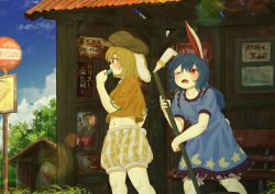 Rule 34 | 2girls, abandoned, absurdres, animal ears, bench, blonde hair, bloomers, blue hair, bus stop, commentary request, dilapidated, dress, earclip, ekaapetto, flat cap, food, hat, highres, hot, hunched over, jizou, leaning forward, long hair, moon print, multiple girls, navel, one eye closed, popsicle, rabbit ears, rabbit tail, red eyes, ringo (touhou), rust, seiran (touhou), short hair, short sleeves, shorts, star (symbol), star print, tail, touhou, translation request, twintails, underwear, zun