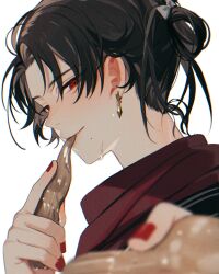 Rule 34 | 1boy, alternate hairstyle, black hair, blurry, closed mouth, depth of field, earrings, eating, eyelashes, from side, hair rings, hands up, highres, holding, incoming food, jewelry, kashuu kiyomitsu, looking at viewer, male focus, mole, mole under mouth, nail polish, parted bangs, reaching, reaching towards viewer, red eyes, red nails, red scarf, scarf, sideways glance, simple background, smile, solo, sweat, touken ranbu, updo, white background, yamada chickenko
