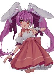 Rule 34 | 1girl, :d, animal ears, bare shoulders, blush, bow, breasts, choker, cleavage, commentary, cropped legs, detached sleeves, di gi charat, dice hair ornament, dress, frilled skirt, frills, hair between eyes, hair bow, hair ornament, hand up, highres, long hair, looking at viewer, medium breasts, neko yeye, open mouth, puffy detached sleeves, puffy sleeves, purple bow, purple hair, rabbit ears, red eyes, red skirt, ribbon, ribbon choker, shirt, simple background, skirt, sleeveless, sleeveless dress, smile, solo, standing, symbol-only commentary, twintails, usada hikaru, v, very long hair, white background, white shirt, wrist ribbon