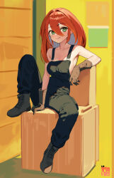Rule 34 | 1girl, absurdres, arm support, black overalls, blue hair, boots, breasts, brown gloves, brown hair, collarbone, colored inner hair, commentary, cross-laced footwear, english commentary, full body, gloves, green eyes, hair between eyes, highres, knee up, lace-up boots, large breasts, leaning, looking at viewer, mechanic, mr tangsuyuk, multicolored hair, naked overalls, original, overalls, sideboob, sitting, smile, solo, work boots, yellow background