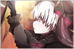 Rule 34 | 10s, 1girl, :o, arm up, bad id, bad pixiv id, beret, black bow, black capelet, black gloves, black hat, blurry, blurry background, blush, book, bookshelf, bow, capelet, depth of field, doll joints, elbow gloves, fate/extra, fate (series), fur-trimmed capelet, fur trim, gloves, hair between eyes, hat, indoors, joints, long hair, looking away, nursery rhyme (fate), parted lips, pink eyes, profile, silver hair, sketch, solo, striped, striped bow, wada kazu