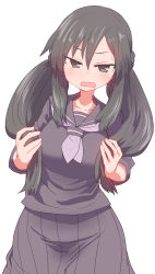 Rule 34 | 1girl, angry, black eyes, black hair, blush, borrowed character, breasts, highres, long hair, looking at viewer, medium breasts, open mouth, original, pleated skirt, school uniform, serafuku, simple background, skirt, solo, sumiyao (amam), sweat, white background