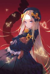 Rule 34 | 1girl, abigail williams (fate), black bow, black dress, black hat, blonde hair, blue eyes, bow, bug, butterfly, closed mouth, commentary request, dress, ekh, fate/grand order, fate (series), forehead, hair bow, hands in opposite sleeves, hat, highres, hugging object, insect, long hair, long sleeves, looking at viewer, noose, orange bow, parted bangs, polka dot, polka dot bow, red background, smile, solo, stuffed animal, stuffed toy, teddy bear, very long hair