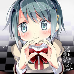 Rule 34 | 10s, 1girl, ayumaru (art of life), blue eyes, blue hair, bow, checkered floor, hair ornament, heart, heart hands, mahou shoujo madoka magica, mahou shoujo madoka magica (anime), matching hair/eyes, miki sayaka, school uniform, short hair, solo