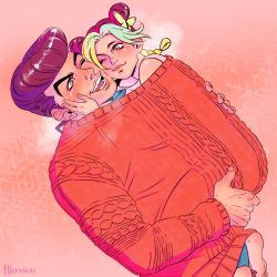 Rule 34 | 1boy, 1girl, aged down, aran sweater, artist name, bad id, bad twitter id, barefoot, braid, butterfly hair ornament, cable knit, carrying, cheek-to-cheek, child, double bun, gradient hair, green hair, hair bun, hair ornament, heads together, higashikata josuke, highres, jojo no kimyou na bouken, kuujou jolyne, marion-ville, multicolored hair, official alternate costume, one eye closed, open mouth, pompadour, purple hair, single braid, smile, snowflake background, sweater, two-tone hair, uncle and niece