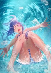 Rule 34 | 1girl, bikini, blue hair, blush, breasts, breasts apart, caustics, dolphin, food, front-tie top, fruit, highres, legs, love live!, love live! school idol project, love live! sunshine!!, macken, matsuura kanan, navel, one eye closed, outstretched arms, ponytail, purple eyes, ribbon, smile, solo, striped bikini, striped clothes, swimsuit, thighs, tongue, tongue out, watermelon, white ribbon