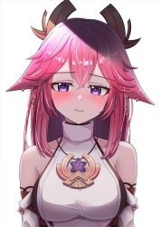 Rule 34 | 1girl, absurdres, animal ears, bare shoulders, blush, breasts, detached sleeves, earrings, fox ears, genshin impact, hair between eyes, hair ornament, halterneck, highres, japanese clothes, jewelry, jisas, large breasts, long hair, miko, necklace, pink hair, purple eyes, ribbon-trimmed sleeves, ribbon trim, sidelocks, simple background, smile, solo, upper body, white background, yae miko