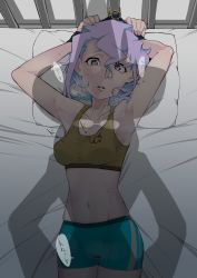 Rule 34 | 10s, 2girls, armpits, bdsm, bed, bike shorts, blush, bondage, bound, breasts, cameltoe, croix meridies, green eyes, groin, hat, heart, heart-shaped pupils, highres, kiriko works, light purple hair, little witch academia, looking at viewer, medium breasts, midriff, multiple girls, open mouth, shadow, short hair, sweat, symbol-shaped pupils, tank top, ursula callistis, witch, witch hat, yuri