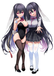 Rule 34 | 2girls, absurdres, animal ears, asymmetrical docking, bare shoulders, black footwear, black hair, black leotard, black thighhighs, blush, breast press, breasts, chain, chain leash, cleavage, collar, dual persona, finger to mouth, full body, grey skirt, groin, high heels, highleg, highleg leotard, highres, holding hands, kurimochi chizuru, large breasts, leash, leotard, long hair, mary janes, miniskirt, multiple girls, open mouth, original, outstretched hand, plaid, plaid skirt, playboy bunny, rabbit ears, rabbit girl, rabbit tail, red eyes, shirt, shoes, simple background, skirt, smile, strapless, strapless leotard, tail, thighhighs, thighs, very long hair, white background, white shirt, white thighhighs, wrist cuffs