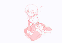 1girl aile_(mega_man_zx) bodysuit bodysuit_under_clothes cropped_jacket full_body greyscale kaidou_zx kneeling mega_man_(series) mega_man_zx monochrome red_theme robot_ears short_hair shorts simple_background solo white_background