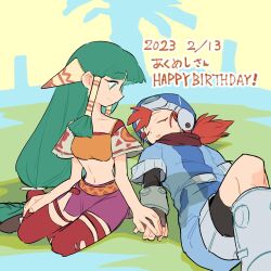 Rule 34 | 1boy, 1girl, closed mouth, dated, feena (grandia), grandia, grandia i, green eyes, green hair, hair ornament, hair tubes, hat, highres, jewelry, justin (grandia), kijima (amayadori-tei), long hair, low-tied long hair, midriff, navel, open mouth, skirt, smile, thighhighs, wide sleeves