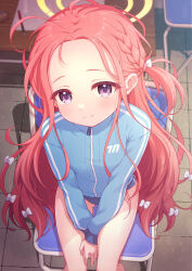 Rule 34 | 1girl, blue archive, blue buruma, blue jacket, blush, bow, braid, buruma, chair, closed mouth, feet out of frame, forehead, hair bow, halo, highres, jacket, long hair, looking at viewer, purple eyes, red hair, sitting, smile, solo, track jacket, white bow, wodaex, yellow halo, yuzu (blue archive)
