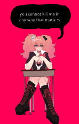 Rule 34 | absurdres, bear hair ornament, black choker, black footwear, black skirt, blonde hair, blue eyes, blush, boots, bow, bowtie, calf boots, choker, collar, collarbone, collared shirt, crossed legs, danganronpa: trigger happy havoc, danganronpa (series), english text, enoshima junko, fingernails, full body, hair ornament, highres, knees, knees together feet apart, looking at viewer, nail polish, necktie, no panties, open mouth, pleated skirt, red background, red bow, red neckwear, red skirt, shiny skin, shirt, sitting, skirt, speech bubble, white collar, white necktie