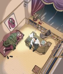 Rule 34 | 2boys, ace attorney, bookshelf, brown hair, chair, chessboard, unworn clothes, collared shirt, commentary request, couch, curtains, desk, dick gumshoe, from above, indoors, jacket, lying, male focus, matsumoto mikan, miles edgeworth, multiple boys, necktie, office chair, on desk, on side, pants, phone, red necktie, shirt, shoes, unworn shoes, short hair, sitting, on desk, socks, swivel chair, white shirt, window, wooden floor